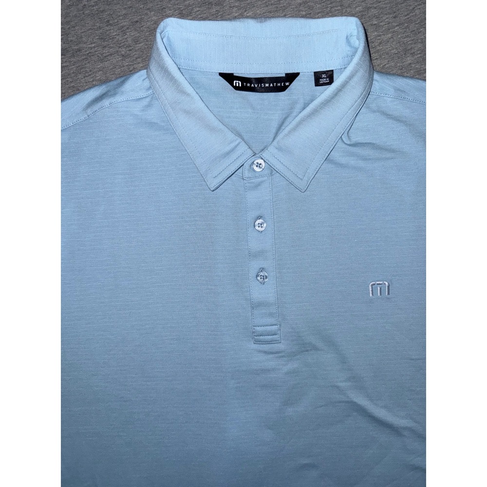 Travis Mathew Blue Micro Stripe Golf Polo Shirt Men Size XL Lightweight Preppy